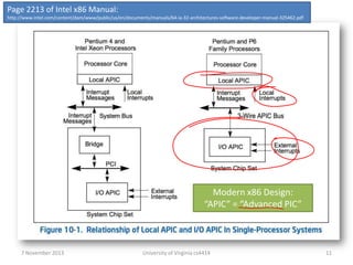 Page 2213 of Intel x86 Manual:
http://www.intel.com/content/dam/www/public/us/en/documents/manuals/64-ia-32-architectures-software-developer-manual-325462.pdf

Modern x86 Design:
“APIC” = “Advanced PIC”

7 November 2013

University of Virginia cs4414

11

 
