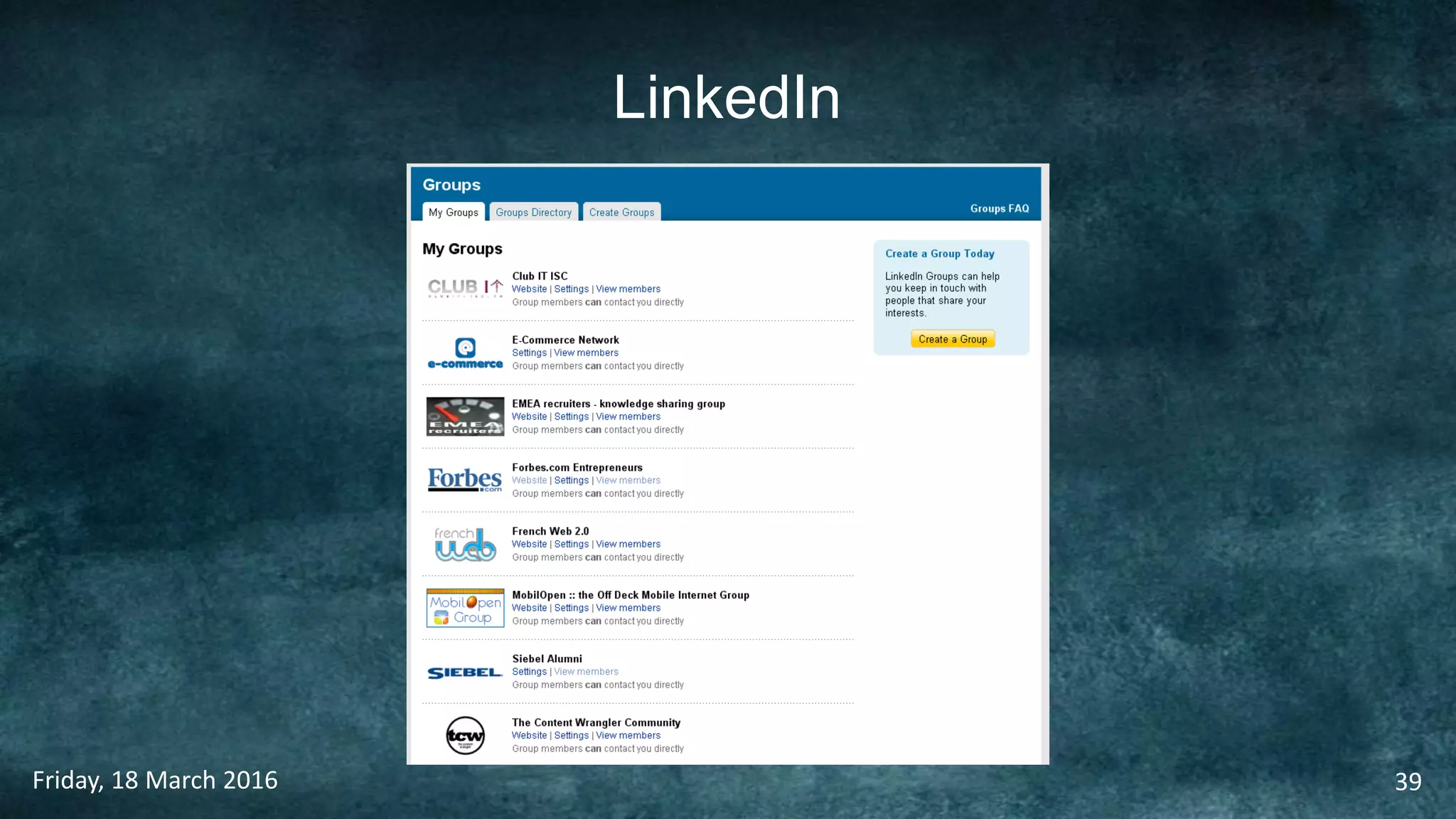LinkedIn
Friday, 18 March 2016 39
 