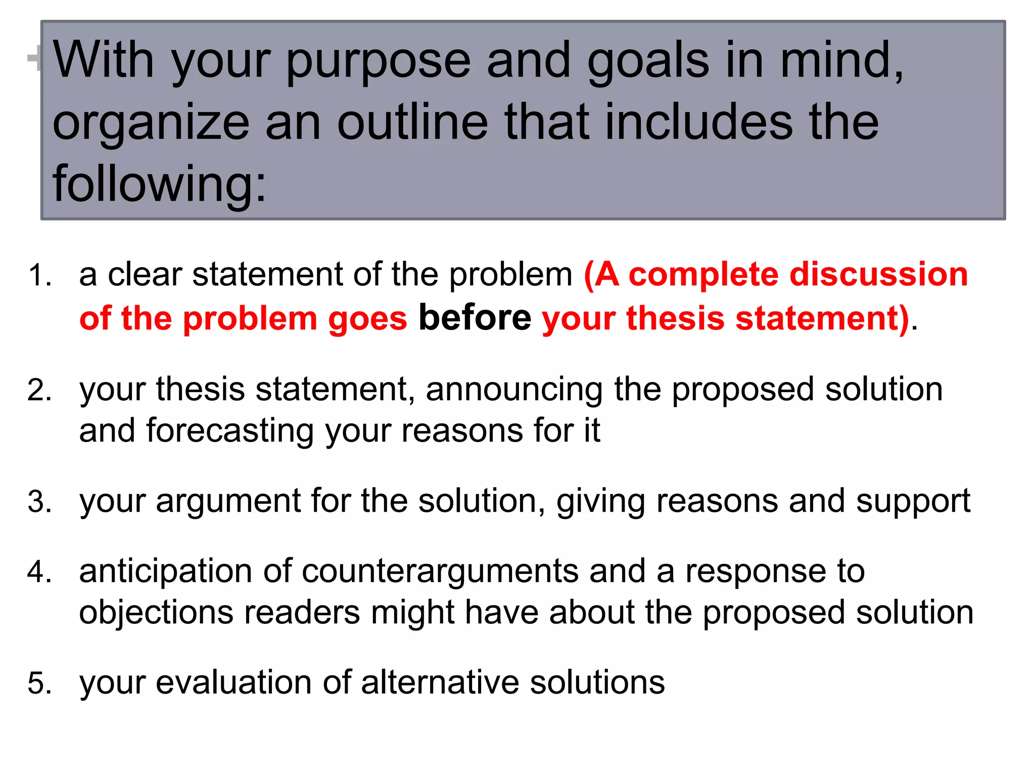 +With your purpose and goals in mind,
organize an outline that includes the
following:
1. a clear statement of the problem (A complete discussion
of the problem goes before your thesis statement).
2. your thesis statement, announcing the proposed solution
and forecasting your reasons for it
3. your argument for the solution, giving reasons and support
4. anticipation of counterarguments and a response to
objections readers might have about the proposed solution
5. your evaluation of alternative solutions
 