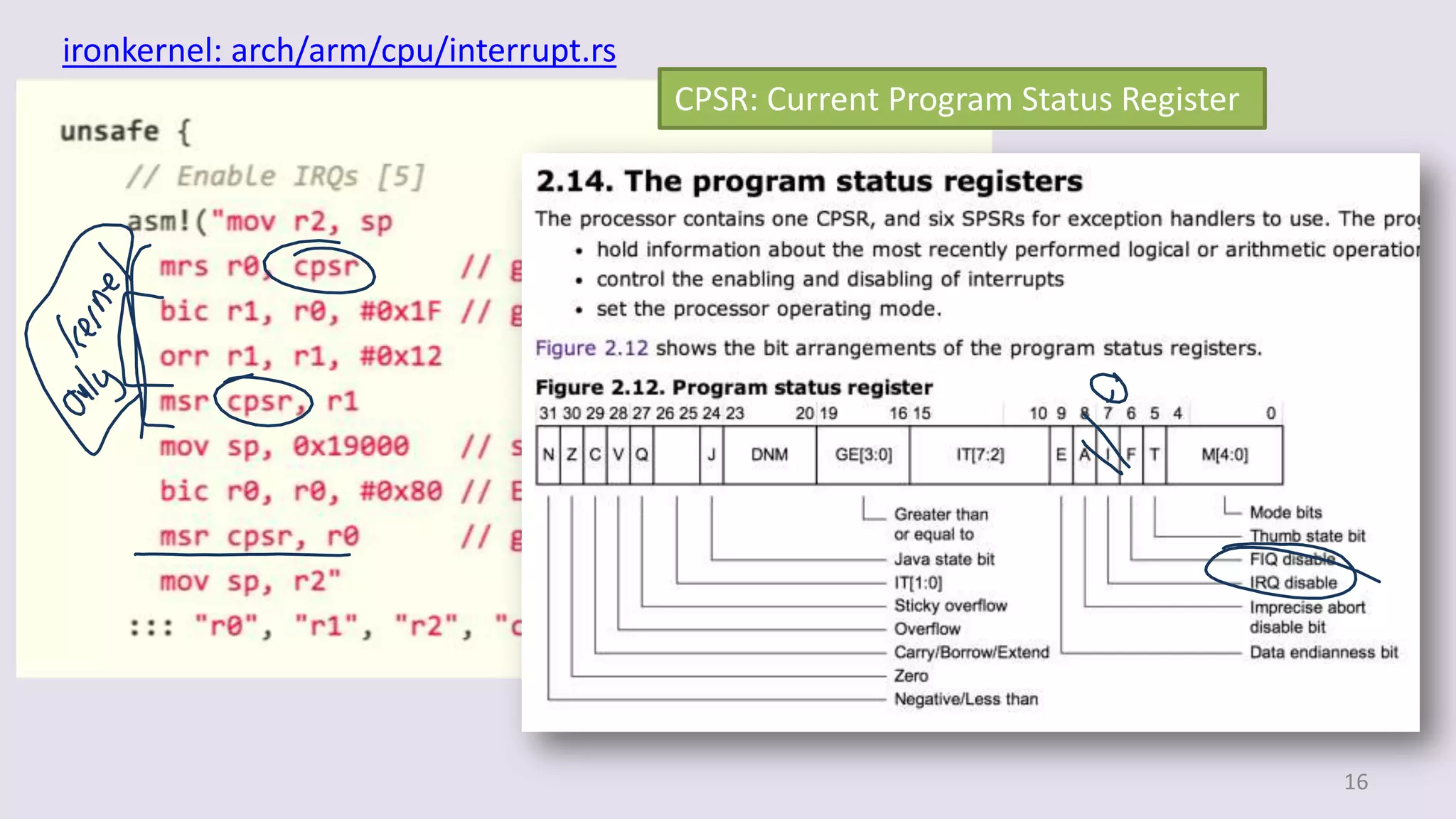 16
ironkernel: arch/arm/cpu/interrupt.rs
CPSR: Current Program Status Register
 