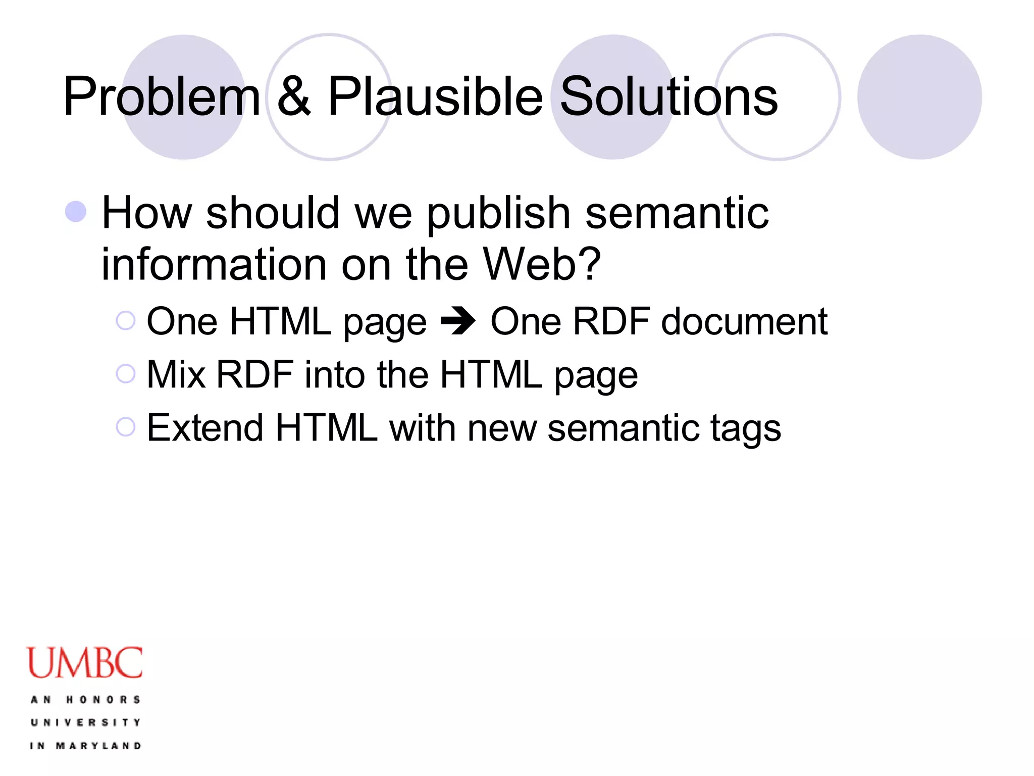 Problem & Plausible Solutions How should we publish semantic information on the Web? One HTML page    One RDF document Mix RDF into the HTML page Extend HTML with new semantic tags 