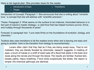 Here is her logical plan: She provides clues for the reader
         o Introduction of topic                    o Transitions
         o Thesis
         o Forecast
Introduction of Concept: Paragraph 1: She announces that she is writing about “romantic
love,” a concept that she will address with “scientific precision.”

Thesis: Paragraph 2: What seems on the surface to be irrational, intoxicated behavior is in
fact part of nature’s master strategy—a vital force that has helped humans survive, thrive,
and multiply through thousands of years”

Forecast: In paragraph two: “Love rests firmly on the foundations of evolution, biology, and
chemistry.”

Toufexis also uses transitions to let the readers know when she is leaving one topic and
going to another: here is the transition from biology to neurochemistry:
 