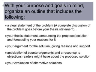 +With your purpose and goals in mind,
organize an outline that includes the
following:
 a clear statement of the problem (A complete discussion of
the problem goes before your thesis statement).
 your thesis statement, announcing the proposed solution
and forecasting your reasons for it
 your argument for the solution, giving reasons and support
 anticipation of counterarguments and a response to
objections readers might have about the proposed solution
 your evaluation of alternative solutions
 