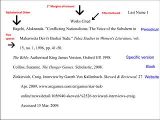 1” Margins all around
Alphabetical Order Title Centered
Five
spaces
Works Cited
Last Name 1
Bagchi, Alaknanda. "Conflicting Nationalisms: The Voice of the Subaltern in
Mahasweta Devi's Bashai Tudu." Tulsa Studies in Women's Literature, vol.
15, no. 1, 1996, pp. 41-50.
The Bible. Authorized King James Version, Oxford UP, 1998.
Collins, Suzanne. The Hunger Games. Scholastic, 2008.
Zinkievich, Craig. Interview by Gareth Von Kallenbach. Skewed & Reviewed, 27
Apr. 2009, www.arcgames.com/en/games/star-trek-
online/news/detail/1056940-skewed-%2526-reviewed-interviews-craig.
Accessed 15 Mar. 2009.
Website
Book
Periodical
Specific version
 