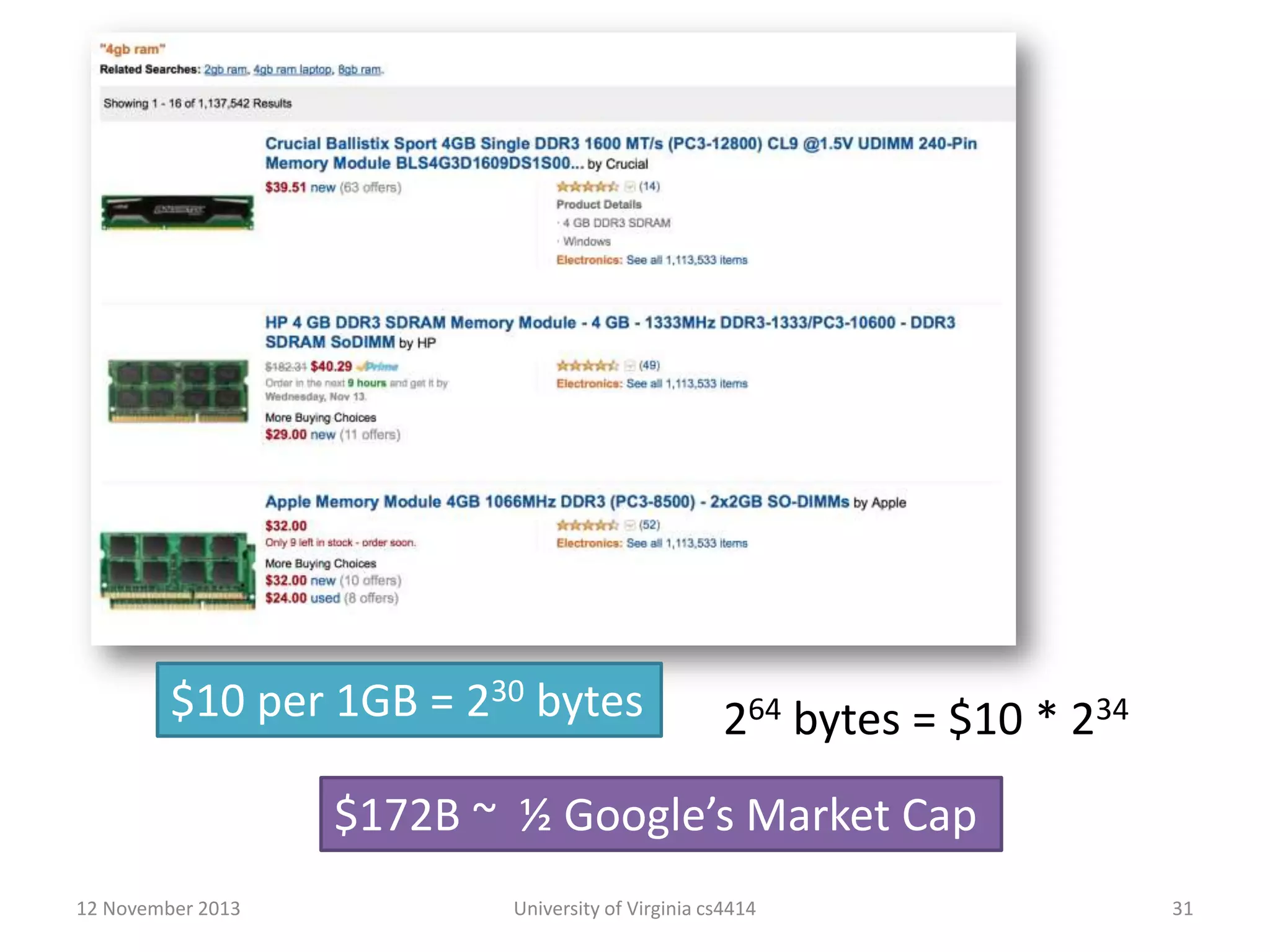 $10 per 1GB = 230 bytes

264 bytes = $10 * 234

$172B ~ ½ Google’s Market Cap
12 November 2013

University of Virginia cs4414

31

 
