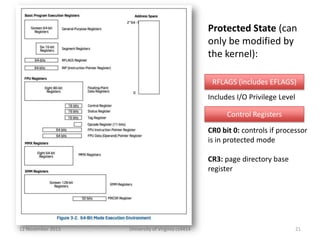 Protected State (can
only be modified by
the kernel):
RFLAGS (includes EFLAGS)
Includes I/O Privilege Level
Control Registers
CR0 bit 0: controls if processor
is in protected mode
CR3: page directory base
register

12 November 2013

University of Virginia cs4414

21

 