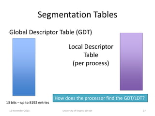 Segmentation Tables
Global Descriptor Table (GDT)
Local Descriptor
Table
(per process)

13 bits – up to 8192 entries
12 November 2013

How does the processor find the GDT/LDT?
University of Virginia cs4414

27

 