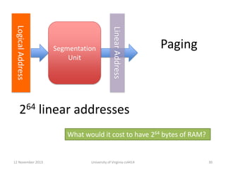 Linear Address

Logical Address

64
2

Segmentation
Unit

Paging

linear addresses
What would it cost to have 264 bytes of RAM?

12 November 2013

University of Virginia cs4414

30

 