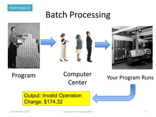 From Class 3:

Batch Processing

Program

Computer
Center

Your Program Runs

Output: Invalid Operation
Charge: $174.32
12 November 2013

University of Virginia cs4414

3

 