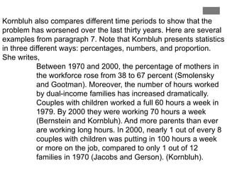 Kornbluh also compares different time periods to show that the
problem has worsened over the last thirty years. Here are several
examples from paragraph 7. Note that Kornbluh presents statistics
in three different ways: percentages, numbers, and proportion.
She writes,
Between 1970 and 2000, the percentage of mothers in
the workforce rose from 38 to 67 percent (Smolensky
and Gootman). Moreover, the number of hours worked
by dual-income families has increased dramatically.
Couples with children worked a full 60 hours a week in
1979. By 2000 they were working 70 hours a week
(Bernstein and Kornbluh). And more parents than ever
are working long hours. In 2000, nearly 1 out of every 8
couples with children was putting in 100 hours a week
or more on the job, compared to only 1 out of 12
families in 1970 (Jacobs and Gerson). (Kornbluh).
 