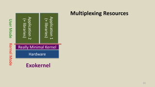51
KernelModeUserMode
Exokernel
Hardware
Really Minimal Kernel
Application2
(+libraries)
Application1
(+libraries)
Multiplexing Resources
 