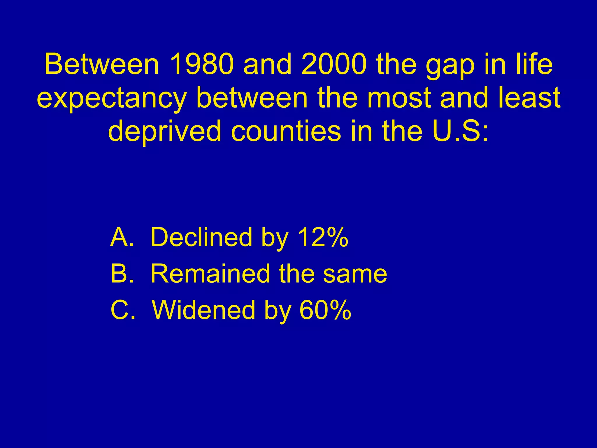 Between 1980 and 2000 the gap in life expectancy between the most and least deprived counties in the U.S: A.  Declined by 12% B.  Remained the same C.  Widened by 60% 