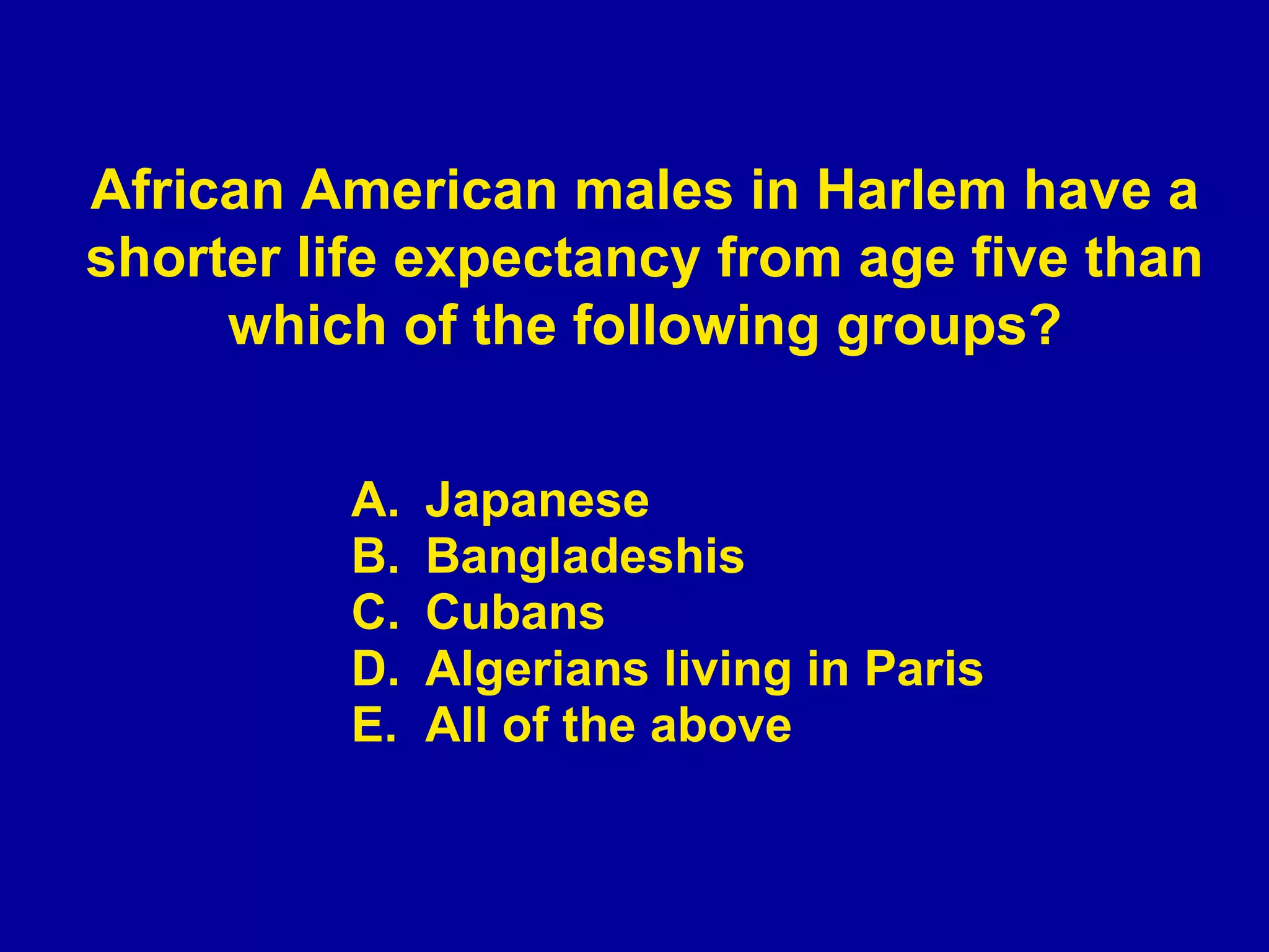 Japanese Bangladeshis Cubans Algerians living in Paris All of the above African American males in Harlem have a shorter life expectancy from age five than which of the following groups? 