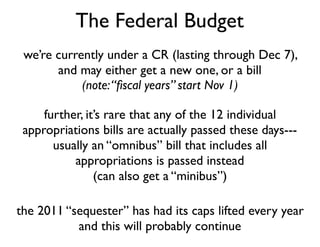 The Federal Budget
we’re currently under a CR (lasting through Dec 7),
and may either get a new one, or a bill
(note:“ﬁsca...