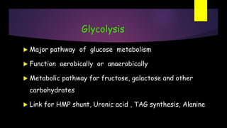 Glycolysis
 Major pathway of glucose metabolism
 Function aerobically or anaerobically
 Metabolic pathway for fructose, galactose and other
carbohydrates
 Link for HMP shunt, Uronic acid , TAG synthesis, Alanine
 