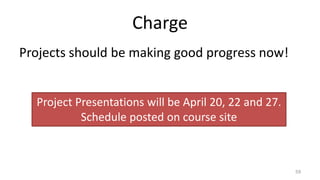 Charge
Projects should be making good progress now!
59
Project Presentations will be April 20, 22 and 27.
Schedule posted on course site
 
