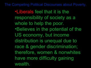 The Competing Political Discourses about Poverty. Liberals   feel that it is the responsibility of society as a whole to help the poor. Believes in the potential of the US economy, but income distribution is unequal due to race & gender discrimination; therefore, women & nonwhites have more difficulty gaining wealth. 