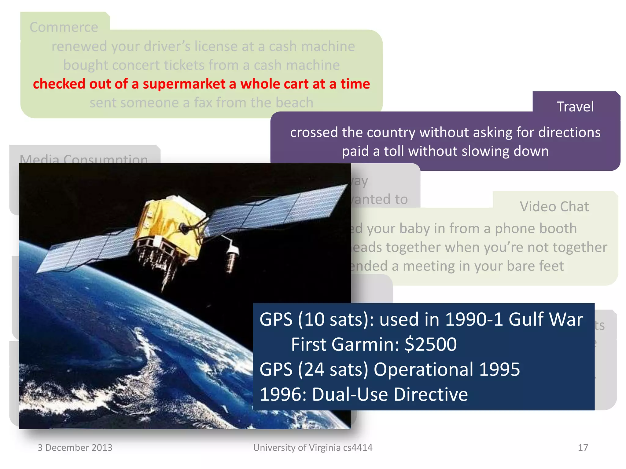 Commerce
renewed your driver’s license at a cash machine
bought concert tickets from a cash machine
checked out of a supermarket a whole cart at a time
sent someone a fax from the beach

Travel

crossed the country without asking for directions
paid a toll without slowing down

Media Consumption
borrowed a book from thousands of miles away
watched the movie you wanted to the minute you wanted to

Video Chat
tucked your baby in from a phone booth
put your heads together when you’re not together
attended a meeting in your bare feet
Security
opened doors with the sound of your voice
kept an eye on your home when you’re not at home
Agents
carried your medical history inGPS (10 sats): used in 1990-1 Gulf War
your wallet
conducted
First Garmin: $2500business in a language
Education
you don’t understand
GPS (24
learned special things from faraway places sats) Operational 1995lived in your
had an assistant who
had a classmate who is thousands of1996: Dual-Use Directive
miles away
computer
fixed your car with a television
3 December 2013

University of Virginia cs4414

17

 