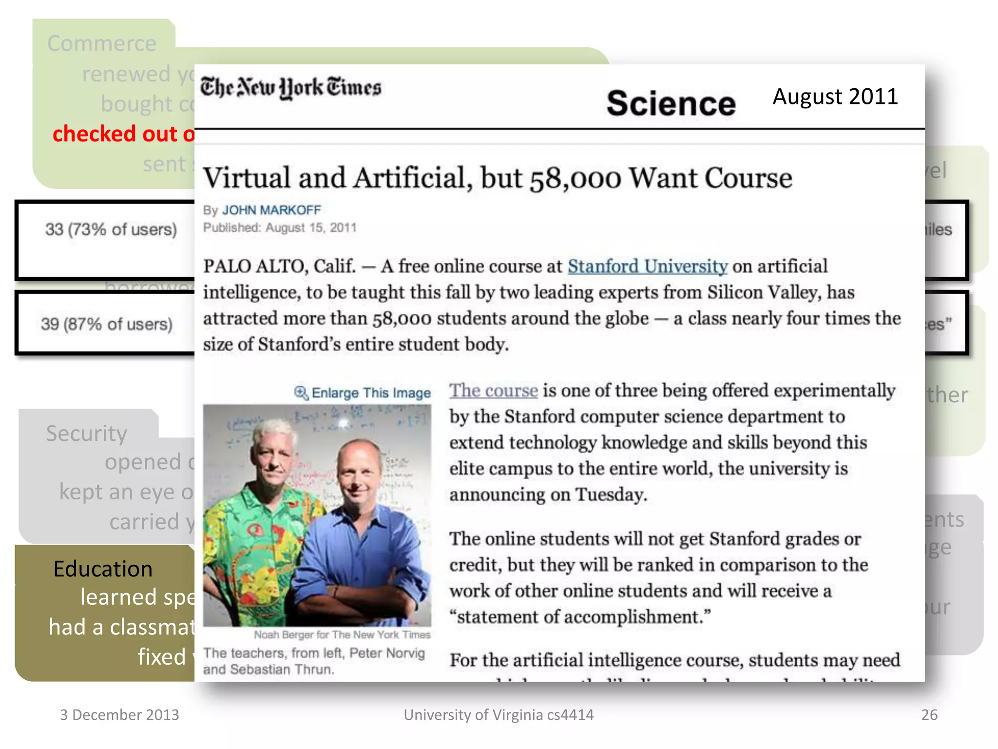 Commerce
renewed your driver’s license at a cash machine
bought concert tickets from a cash machine
checked out of a supermarket a whole cart at a time
sent someone a fax from the beach

August 2011
Travel

crossed the country without asking for directions
paid a toll without slowing down

Media Consumption
borrowed a book from thousands of miles away
watched the movie you wanted to the minute you wanted to

Video Chat
tucked your baby in from a phone booth
put your heads together when you’re not together
attended a meeting in your bare feet
Security
opened doors with the sound of your voice
kept an eye on your home when you’re not at home
Agents
carried your medical history in your wallet
conducted business in a language
Education
you don’t understand
learned special things from faraway places
had an assistant who lived in your
had a classmate who is thousands of miles away
computer
fixed your car with a television
3 December 2013

University of Virginia cs4414

26

 