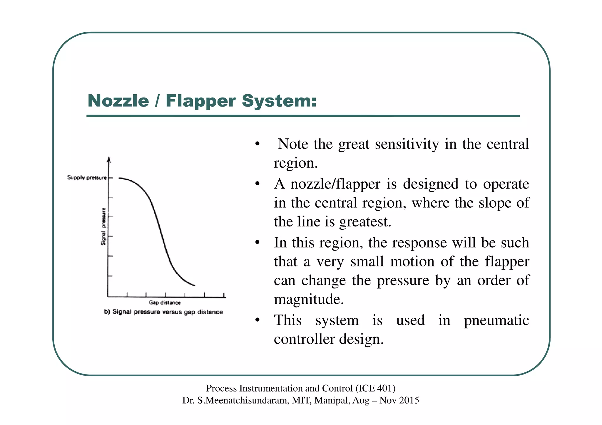 Nozzle / Flapper System:
Process Instrumentation and Control (ICE 401)
Dr. S.Meenatchisundaram, MIT, Manipal, Aug – Nov 2015
• Note the great sensitivity in the central
region.
• A nozzle/flapper is designed to operate
in the central region, where the slope of
the line is greatest.
• In this region, the response will be such
that a very small motion of the flapper
can change the pressure by an order of
magnitude.
• This system is used in pneumatic
controller design.
 