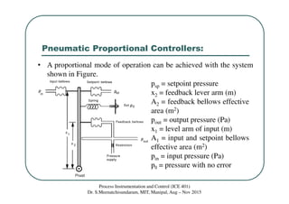 Pneumatic Proportional Controllers:
Process Instrumentation and Control (ICE 401)
Dr. S.Meenatchisundaram, MIT, Manipal, Aug – Nov 2015
• A proportional mode of operation can be achieved with the system
shown in Figure.
psp = setpoint pressure
x2 = feedback lever arm (m)
A2 = feedback bellows effective
area (m2)
pout = output pressure (Pa)
x1 = level arm of input (m)
A1 = input and setpoint bellows
effective area (m2)
pin = input pressure (Pa)
p0 = pressure with no error
 