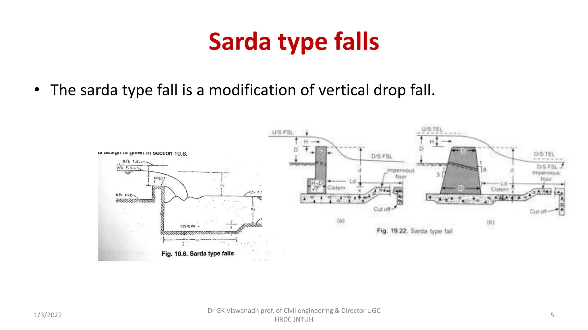 Sarda type falls
• The sarda type fall is a modification of vertical drop fall.
1/3/2022
Dr GK Viswanadh prof. of Civil engineering & Director UGC
HRDC JNTUH
5
 