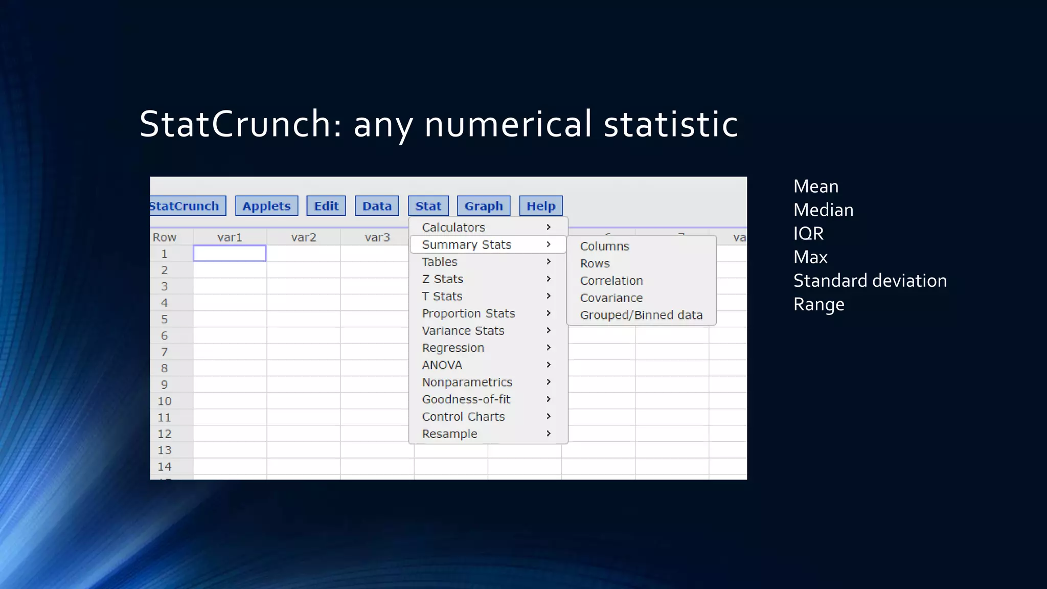 StatCrunch: any numerical statistic
Mean
Median
IQR
Max
Standard deviation
Range
 