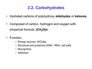 2.2. Carbohydrates
• Hydrated carbons of polyhydroxy aldehydes or ketones.
• Composed of carbon, hydrogen and oxygen with
emperical formula, (CH2O)n.
• Function
• Energy sources, 4KCal/g
• Structural and protective (DNA , RNA, cell wall)
• Recognition
• Adhesion
 