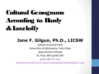 Cultural Genograms 
According to Hardy 
& Laszloffy 
Jane F. Gilgun, Ph.D., LICSW 
School of Social Work 
University of Minnesota, Twin Cities 
1404 Gortner Avenue 
St. Paul, MN 55108 USA 
jgilgun@umn.edu 
http://www.cehd.umn.edu/ssw/people/profiles/GilgunJ.asp 
 