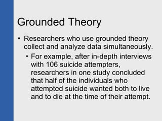 Grounded Theory Researchers who use grounded theory collect and analyze data simultaneously. For example, after in-depth interviews with 106 suicide attempters, researchers in one study concluded that half of the individuals who attempted suicide wanted both to live and to die at the time of their attempt.  