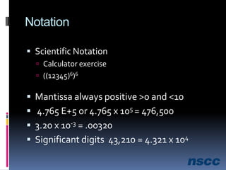 NotationScientific NotationCalculator exercise((12345)6)6Mantissa always positive >0 and <10 4.765 E+5 or 4.765 x 105 = 476,5003.20 x 10-3 = .00320Significant digits  43,210 = 4.321 x 104
