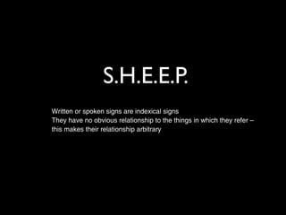 S.H.E.E.P.
Written or spoken signs are indexical signs
They have no obvious relationship to the things in which they refer –
this makes their relationship arbitrary
 