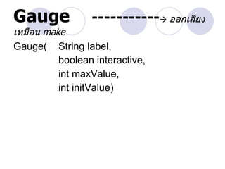 Gauge            ----------- ออกเสียง
เหมือน make
Gauge( String label,
          boolean interactive,
          int maxValue,
          int initValue)
 