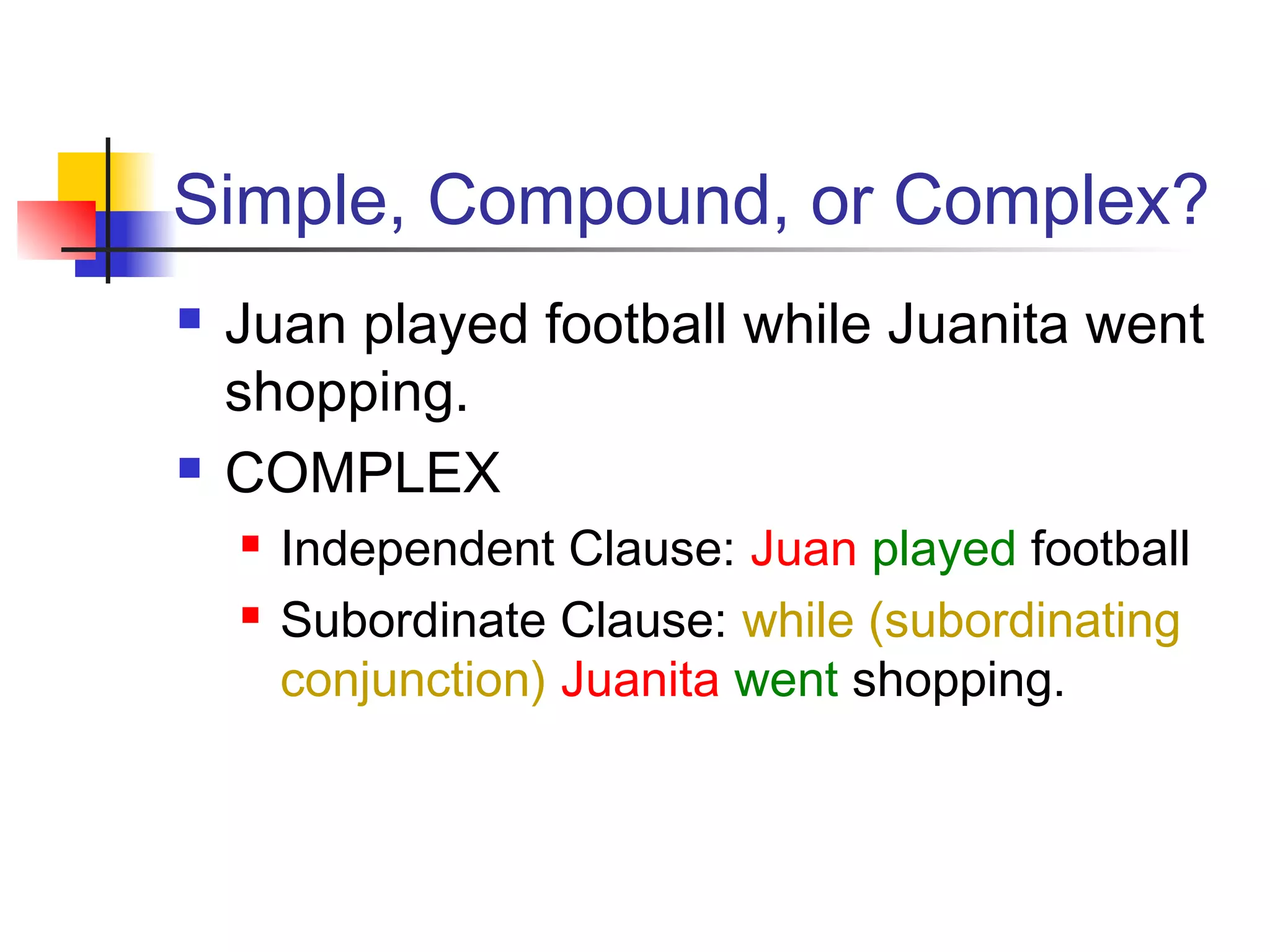 Simple, Compound, or Complex?
 Juan played football while Juanita went
shopping.
 COMPLEX
 Independent Clause: Juan played football
 Subordinate Clause: while (subordinating
conjunction) Juanita went shopping.
 