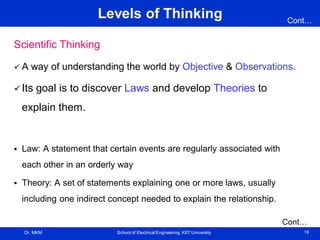 Dr. MKM School of Electrical Engineering, KIIT University 19
Levels of Thinking Cont…
Cont…
Scientific Thinking
 A way of understanding the world by Objective & Observations.
 Its goal is to discover Laws and develop Theories to
explain them.
 Law: A statement that certain events are regularly associated with
each other in an orderly way
 Theory: A set of statements explaining one or more laws, usually
including one indirect concept needed to explain the relationship.
 
