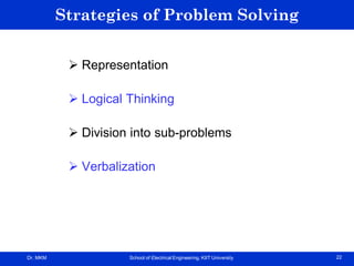 Dr. MKM School of Electrical Engineering, KIIT University 22
Strategies of Problem Solving
 Representation
 Logical Thinking
 Division into sub-problems
 Verbalization
 
