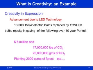 Dr. MKM School of Electrical Engineering, KIIT University 27
What is Creativity: an Example
Creativity in Expression
Advancement due to LED Technology
13,000 150W electric Bulbs replaced by 12WLED
bulbs results in saving of the following over 10 year Period:
$ 5 million and
17,000,000 lbs of CO2
25,000,000 gms of SO2
Planting 2000 acres of forest etc….
 
