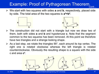 Dr. MKM School of Electrical Engineering, KIIT University 47
Example: Proof of Pythagorean Theorem
 We start with two squares with sides a and b, respectively, placed side
by side. The total area of the two squares is a²+b².
 The construction did not start with a triangle but now we draw two of
them, both with sides a and b and hypotenuse c. Note that the segment
common to the two squares has been removed. At this point we therefore
have two triangles and a strange looking shape.
 As a last step, we rotate the triangles 90°, each around its top vertex. The
right one is rotated clockwise whereas the left triangle is rotated
counterclockwise. Obviously the resulting shape is a square with the side
c and area c².
Cont…
Cont…
 