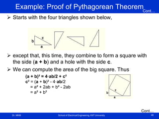 Dr. MKM School of Electrical Engineering, KIIT University 48
Example: Proof of Pythagorean Theorem
 Starts with the four triangles shown below,
 except that, this time, they combine to form a square with
the side (a + b) and a hole with the side c.
 We can compute the area of the big square. Thus
Cont…
(a + b)² = 4·ab/2 + c²
c² = (a + b)² - 4·ab/2
= a² + 2ab + b² - 2ab
= a² + b²
Cont…
 