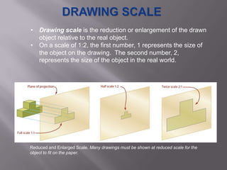 • Drawing scale is the reduction or enlargement of the drawn
  object relative to the real object.
• On a scale of 1:2, the first number, 1 represents the size of
  the object on the drawing. The second number, 2,
  represents the size of the object in the real world.




Reduced and Enlarged Scale. Many drawings must be shown at reduced scale for the
object to fit on the paper.
 