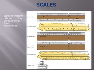 Scales are measuring
tools used to quickly
enlarge or reduce
Drawing
measurements.




                        Types of Scales
 