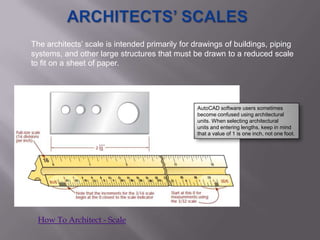 The architects’ scale is intended primarily for drawings of buildings, piping
systems, and other large structures that must be drawn to a reduced scale
to fit on a sheet of paper.




                                                AutoCAD software users sometimes
                                                become confused using architectural
                                                units. When selecting architectural
                                                units and entering lengths, keep in mind
                                                that a value of 1 is one inch, not one foot.




 How To Architect - Scale
 
