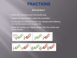Do’s & Don’t

• Never let numerals touch the fraction bar.
• Center the denominator under the numerator.
• Avoid using an inclined fraction bar, except when lettering
  in a narrow space, as in a parts list.
• Make the fraction bar slightly longer than the widest part
  of the fraction.
 