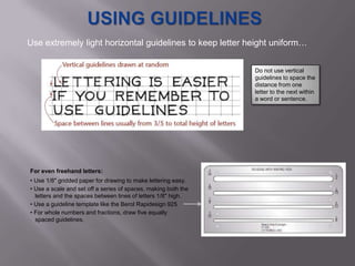Use extremely light horizontal guidelines to keep letter height uniform…


                                                                Do not use vertical
                                                                guidelines to space the
                                                                distance from one
                                                                letter to the next within
                                                                a word or sentence.




For even freehand letters:
• Use 1/8" gridded paper for drawing to make lettering easy.
• Use a scale and set off a series of spaces, making both the
  letters and the spaces between lines of letters 1/8" high.
• Use a guideline template like the Berol Rapidesign 925
• For whole numbers and fractions, draw five equally
  spaced guidelines.
 