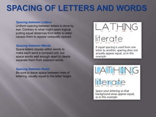 Spacing between Letters
Uniform spacing between letters is done by
eye. Contrary to what might seem logical,
putting equal distances from letter to letter
causes them to appear unequally spaced.

Spacing between Words
Space letters closely within words to
make each word a compact unit, but
space words well enough apart to clearly
separate them from adjacent words.

Spacing between Rows
Be sure to leave space between rows of
lettering, usually equal to the letter height.
 