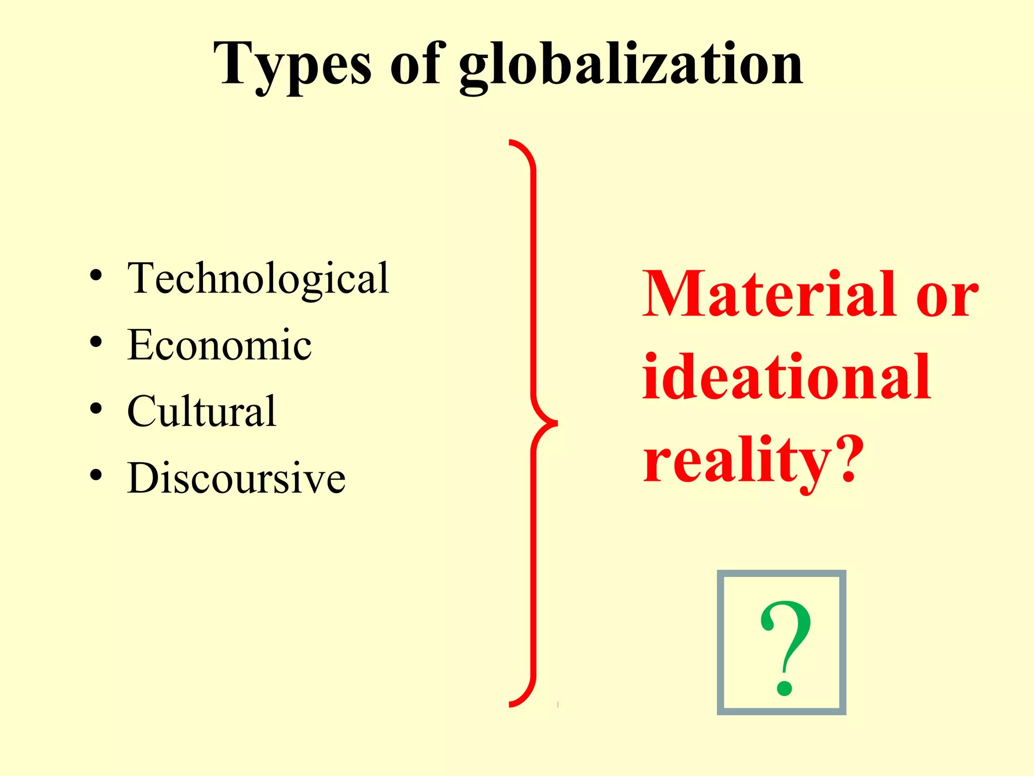 Types of globalization
• Technological
• Economic
• Cultural
• Discoursive
Material or
ideational
reality?
?
 