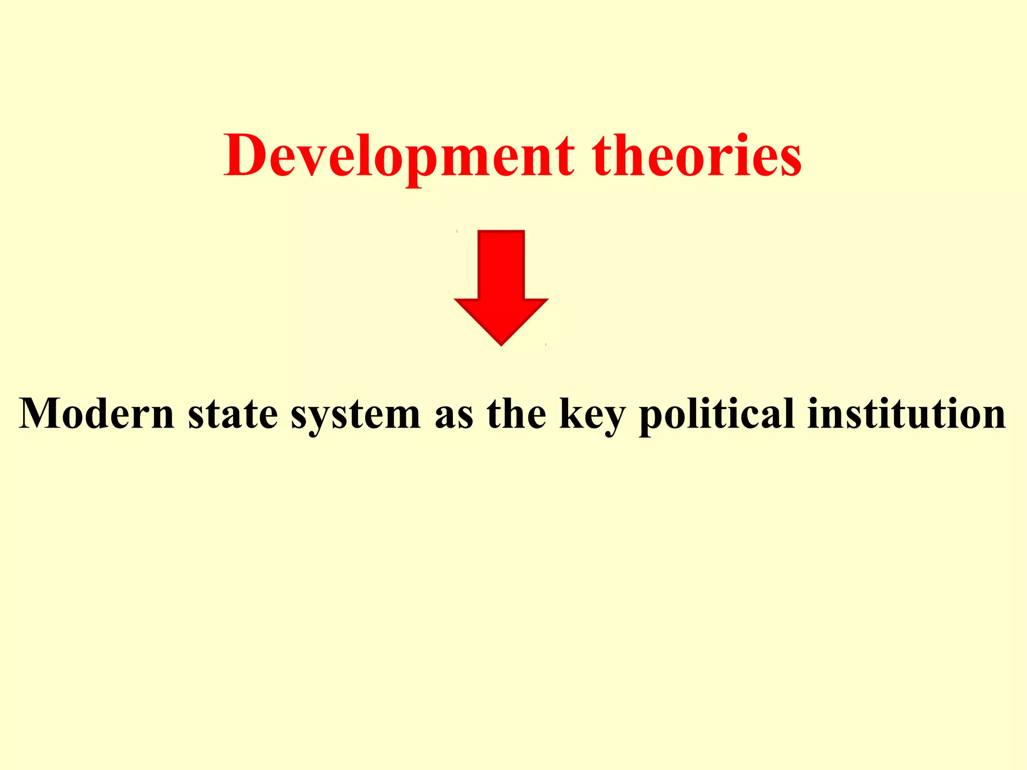 Development theories
Modern state system as the key political institution
 