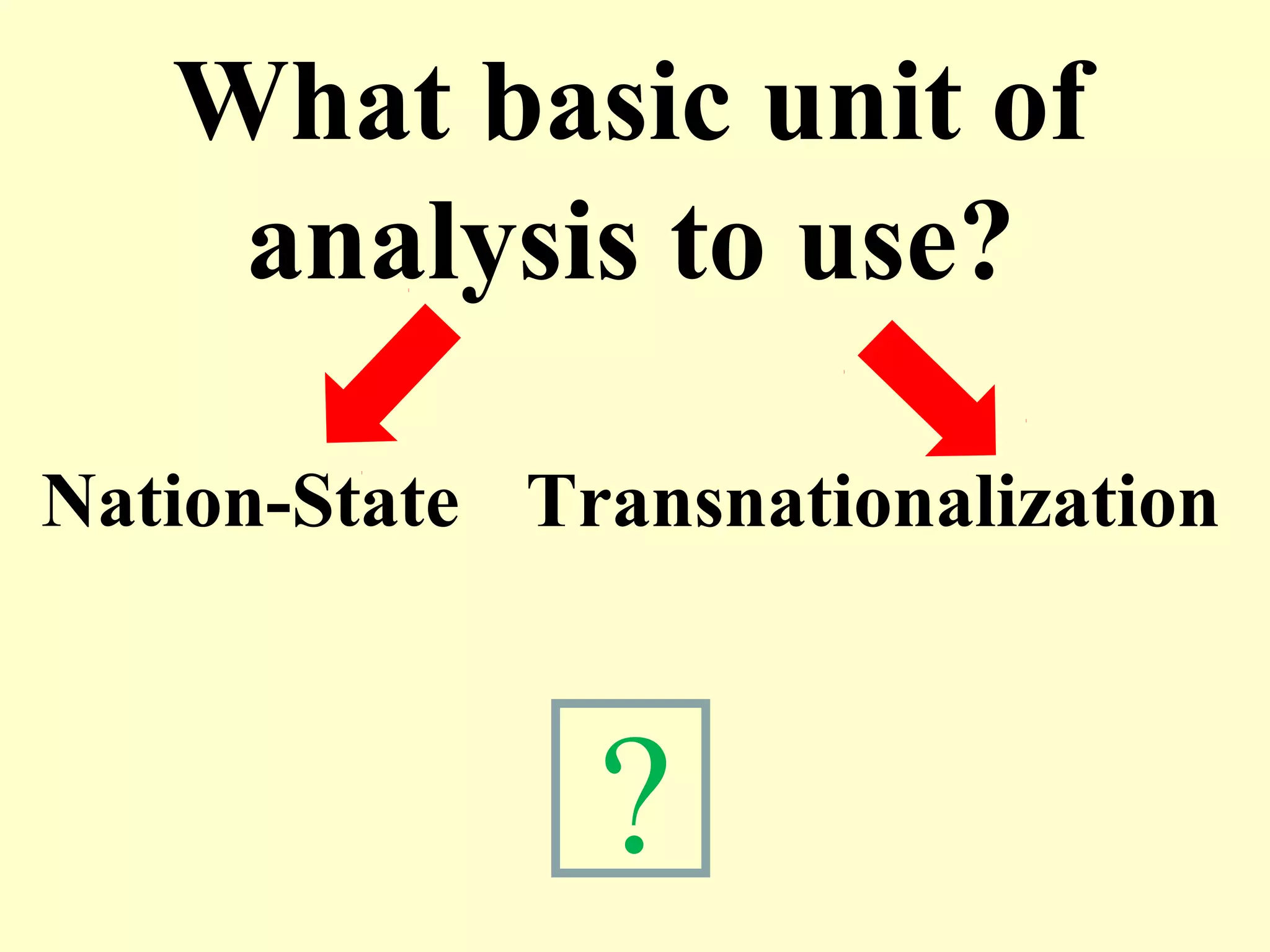 What basic unit of
analysis to use?
Nation-State Transnationalization
?
 