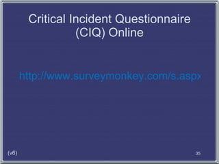 Critical Incident Questionnaire
                  (CIQ) Online


       http://www.surveymonkey.com/s.aspx?sm




(v6)    ...