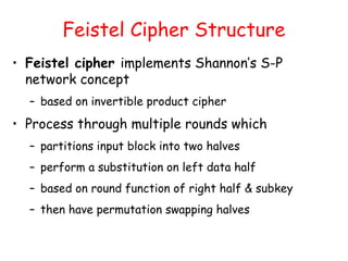 Feistel Cipher Structure
• Feistel cipher implements Shannon’s S-P
network concept
– based on invertible product cipher
• Process through multiple rounds which
– partitions input block into two halves
– perform a substitution on left data half
– based on round function of right half & subkey
– then have permutation swapping halves
 